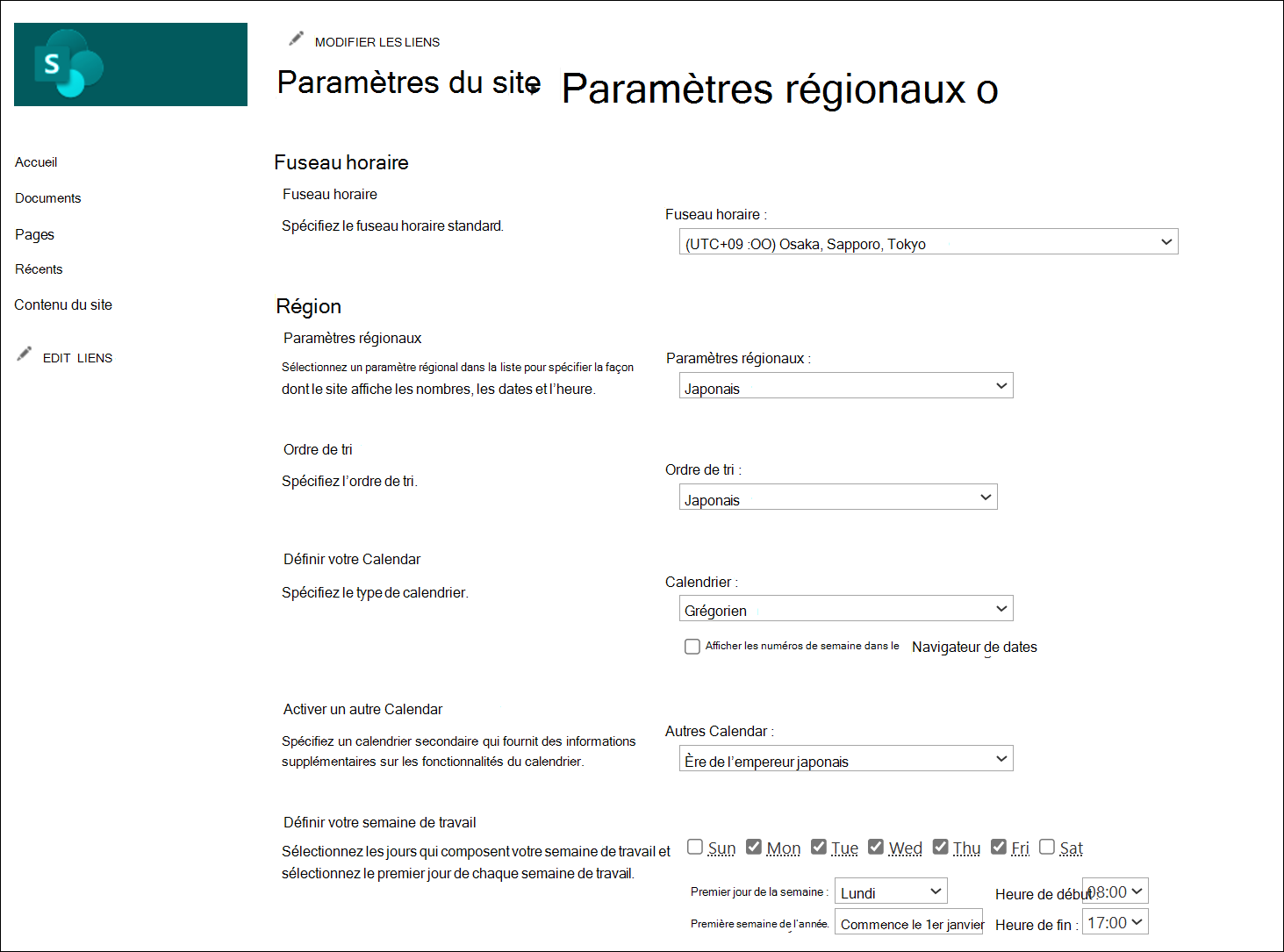 capture d’écran des options de modification de région