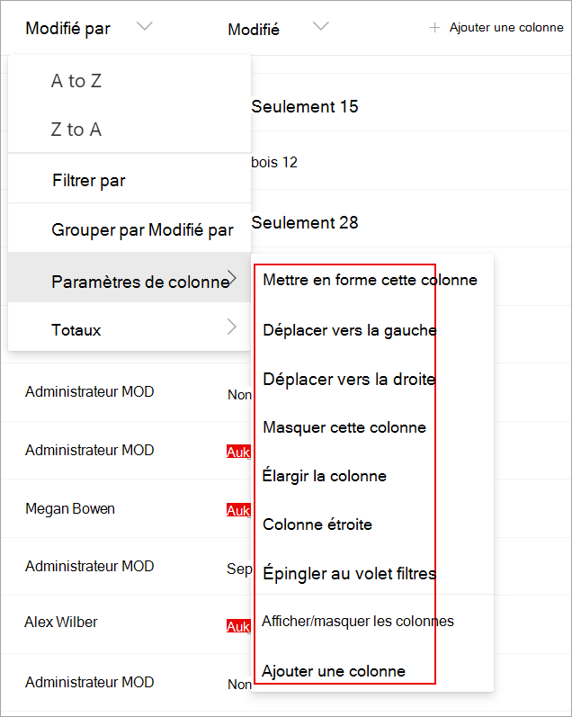 Capture d’écran montrant les paramètres de colonne dans une liste que vous pouvez utiliser pour modifier votre liste.