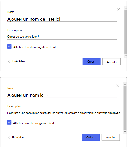 La partie supérieure de l’image est une fenêtre permettant d’entrer des informations pour une liste vide, et la partie inférieure de l’image est une fenêtre permettant de créer une bibliothèque de documents.