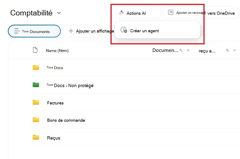 Capture d’écran montrant le bouton permettant de créer un agent à partir d’une bibliothèque de documents SharePoint.