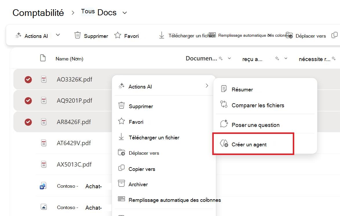 Capture d’écran montrant le bouton permettant de créer un agent à partir du menu contextuel de sélection des fichiers ou dossiers