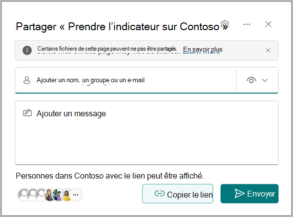 Boîte de dialogue Envoyer un lien avec un champ de destinataire, des paramètres d’autorisation, un champ de message et un bouton Envoyer.