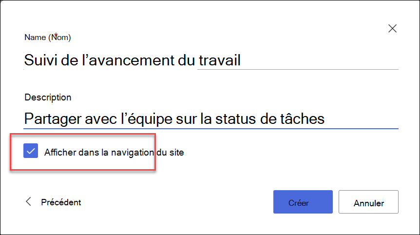capture d’écran de Créer une liste à partir d’un site SharePoint