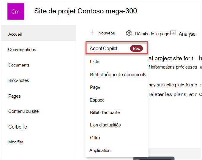 Capture d’écran de la création d’un assistant Copilot à partir de la page d’accueil du site
