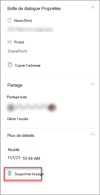 Capture d’écran de l’option Supprimer la page dans le volet des détails de la page