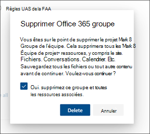 Supprimer le site et tout le contenu Boîte de dialogue de confirmation pour la suppression définitive d’un site SharePoint