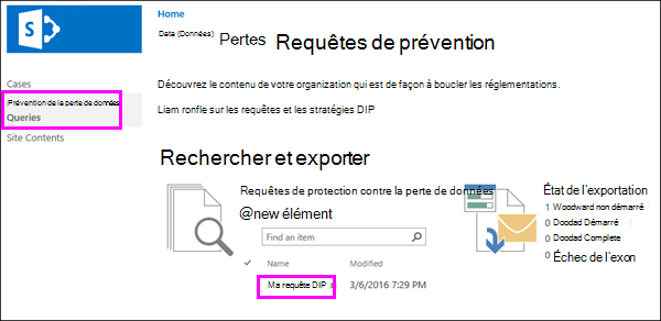 Option Requêtes de protection contre la perte de données