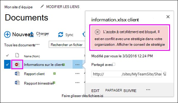 Conseil de stratégie montrant l’accès bloqué à un document