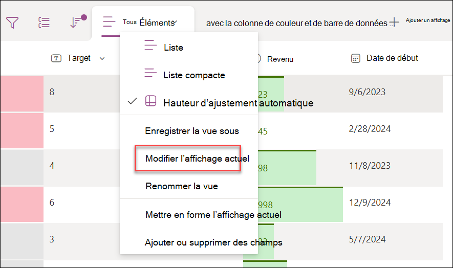 Capture d’écran de la sélection de l’option Modifier l’affichage actuel