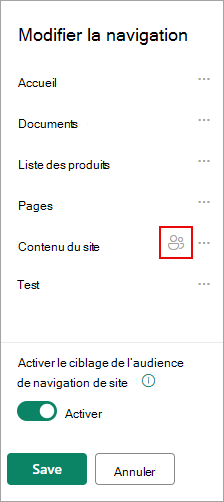 Sous Modifier la navigation, une icône confirme vos liens ciblés.