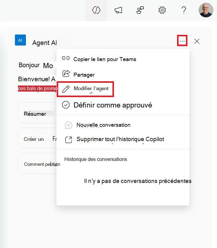 Capture d’écran du menu permettant de modifier un agent SharePoint à partir du side-car