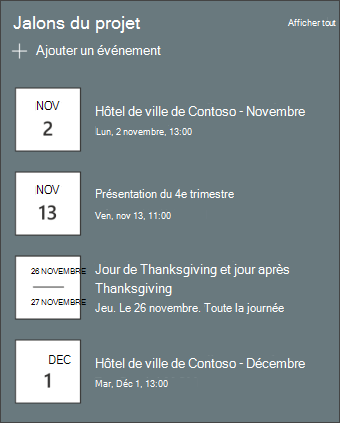 Capture d’écran du composant WebPart Événements