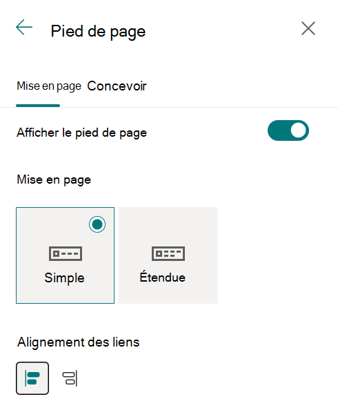 Options d’alignement du pied de page de site dans le panneau Modifier l’apparence