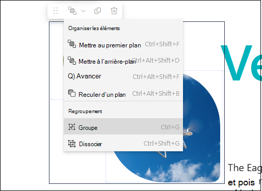 Bouton Regroupement sous la liste déroulante Organiser les éléments dans la barre d’outils partagée pour les composants WebPart qui ont été sélectionnés ensemble