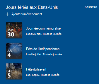 Aperçu du composant WebPart Événements.