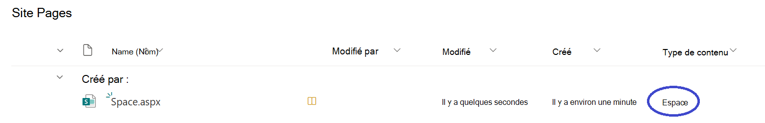 Identifiez les espaces SharePoint en naviguant vers la bibliothèque Pages du site et en recherchant des fichiers avec l’espace Type de contenu