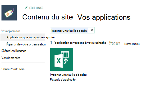 Capture d’écran de la feuille de calcul d’importation dans les applications que vous pouvez ajouter.