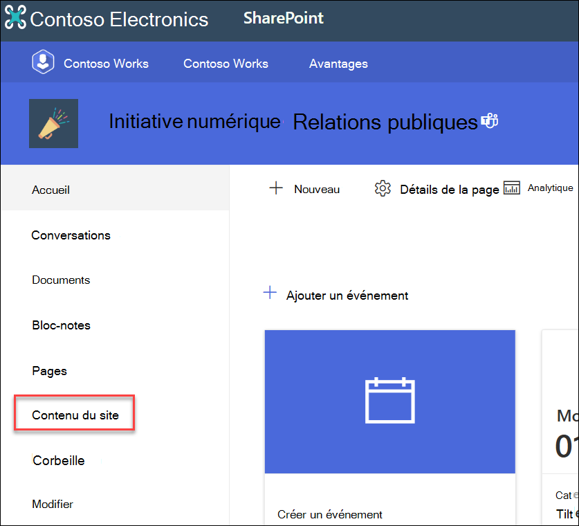 Capture d’écran du contenu du site de navigation gauche