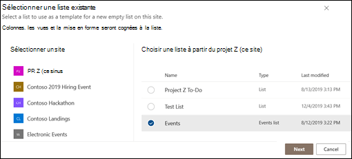 Sélectionner une liste existante