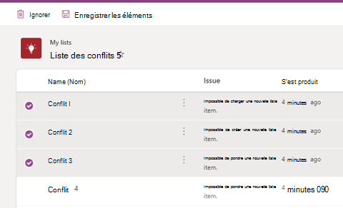 Vous pouvez enregistrer la liste des conflits en tant que fichier .csv et mettre à jour manuellement la liste avec ces valeurs ou simplement les ignorer.