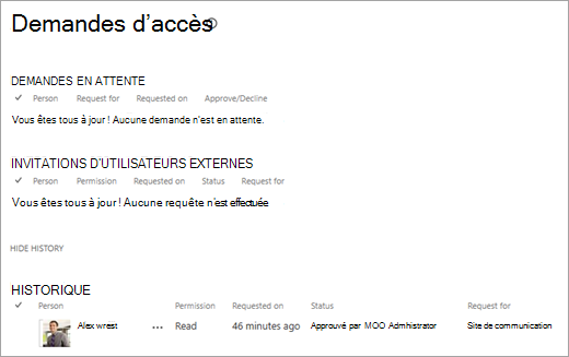 Vue Demandes d’accès affichant l’historique des requêtes.