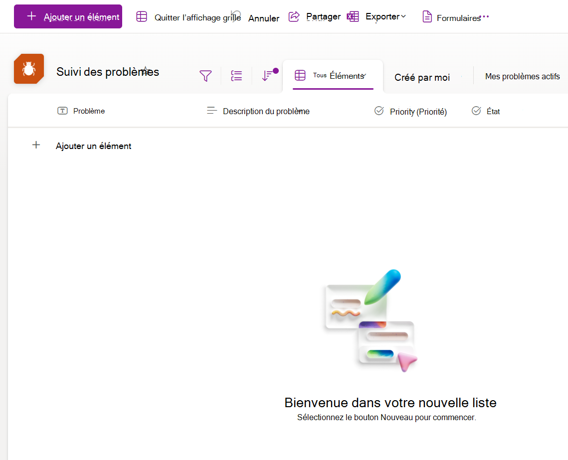 Capture d’écran d’une nouvelle liste créée à partir du modèle de suivi des problèmes