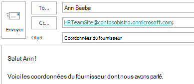 Courrier électronique avec la boîte aux lettres de site dans le champ Cc.