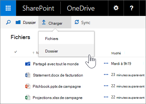 Capture d’écran illustrant le chargement d’un dossier dans OneDrive Entreprise dans SharePoint Server 2016 avec Feature Pack 1