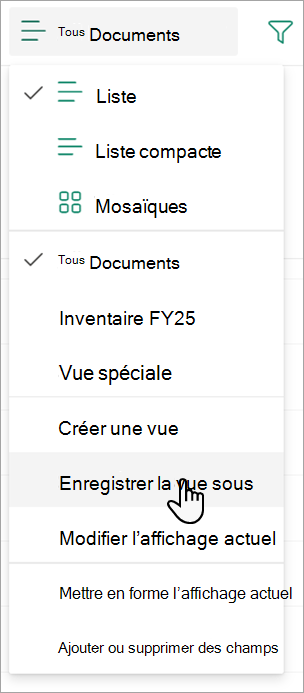 Capture d’écran illustrant la commande Enregistrer la vue sous que vous pouvez utiliser pour nommer votre vue.