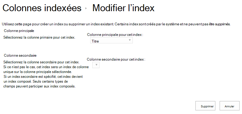Vous pouvez supprimer un index après avoir cliqué dessus