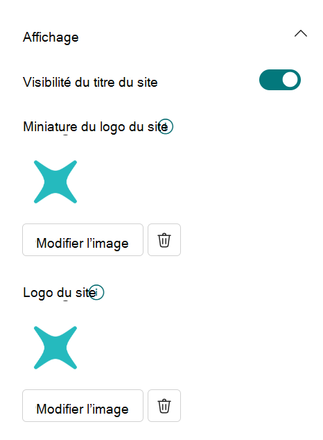 Paramètres du logo de l’en-tête de site dans Modifier l’apparence montrant la zone de chargement du logo avec des instructions de taille de 64 x 64 à 192 x 64 pixels