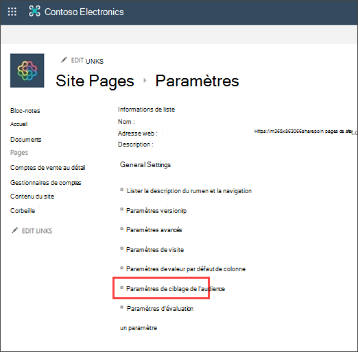 Page Paramètres avec ciblage d’audience mis en surbrillance