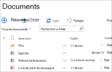 Capture d’écran d’une bibliothèque de documents dans SharePoint Server 2016