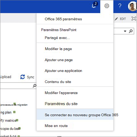 Cette image montre le menu icône d’engrenage et sélectionné Se connecter au nouveau groupe Microsoft 365.