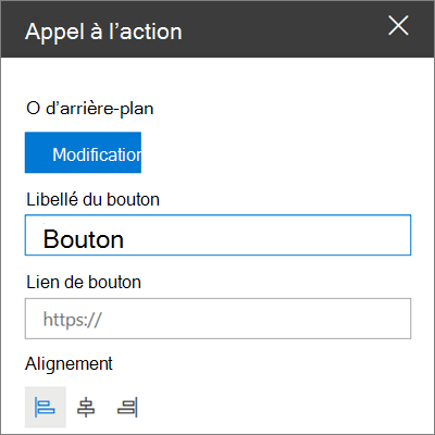 Boîte à outils du composant WebPart Appel à l’action pour les sites SharePoint, montrant comment personnaliser le lien, le bouton et l’alignement du composant WebPart