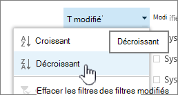 Menu déroulant de tri sur l’en-tête d’une colonne