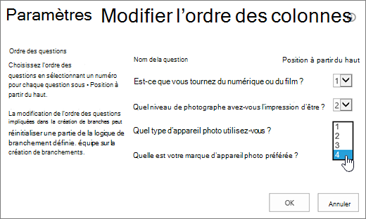 Boîte de dialogue Modifier l’ordre des questions avec la liste déroulante d’une question en surbrillance