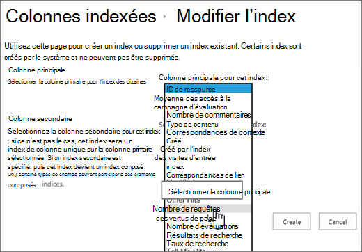 Modifier la page d’index avec une colonne sélectionnée dans la zone de liste déroulante