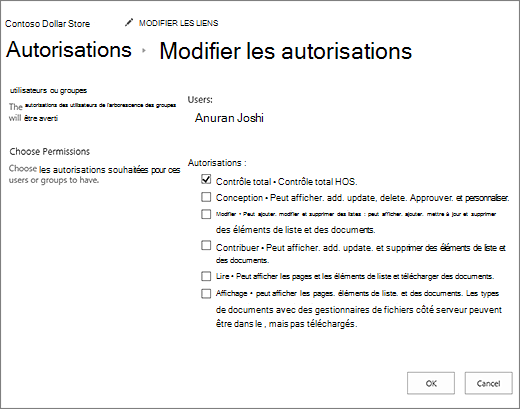 Modifier les niveaux d’autorisation dans la boîte de dialogue des autorisations