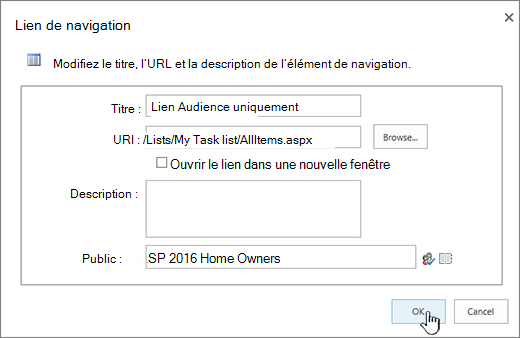 Propriétés du lien de navigation avec OK en surbrillance.