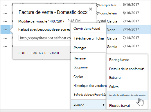 Cliquez sur Annuler la publication de cette version
