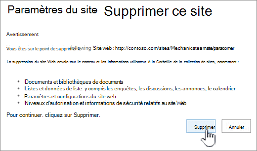 Cliquez sur Supprimer si vous êtes sûr de vouloir supprimer le sous-site