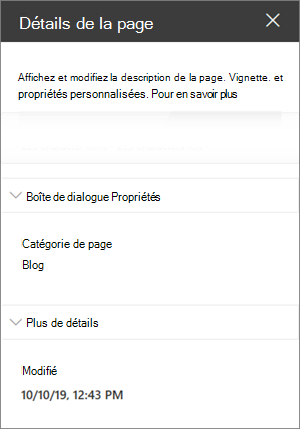 Volet Détails de la page avec catégorie de page du blog