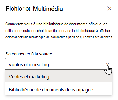 Volet de propriétés de la visionneuse de fichiers avec liste déroulante Se connecter à la source