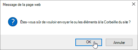 Confirmation de la boîte de dialogue Supprimer l’élément avec suppression mise en surbrillance