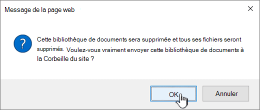 Boîte de dialogue de confirmation lors de la suppression d’une bibliothèque