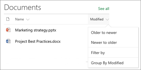 Composant WebPart Bibliothèque de documents affichant le menu trier, filtrer et grouper