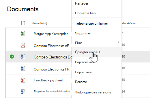 Cliquez sur Épingler en haut pour mettre en surbrillance un document