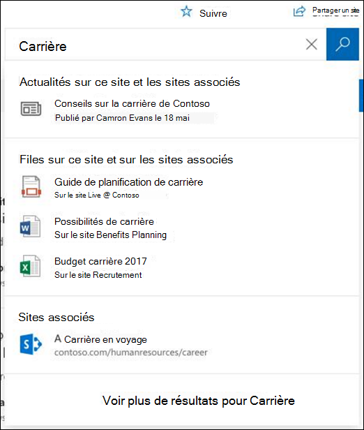 Résultats de la recherche sur un site hub SharePoint