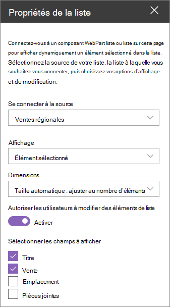 Volet de composants WebPart Propriétés de la liste